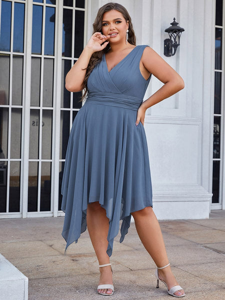 Women's Navy V-Neck Chiffon Midi Dress with Asymmetrical Hem