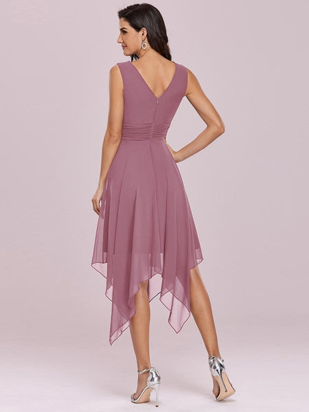 Women's Navy V-Neck Chiffon Midi Dress with Asymmetrical Hem