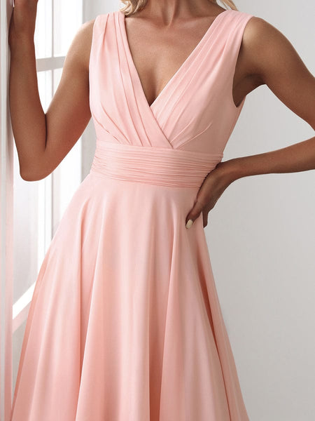 Women's Navy V-Neck Chiffon Midi Dress with Asymmetrical Hem