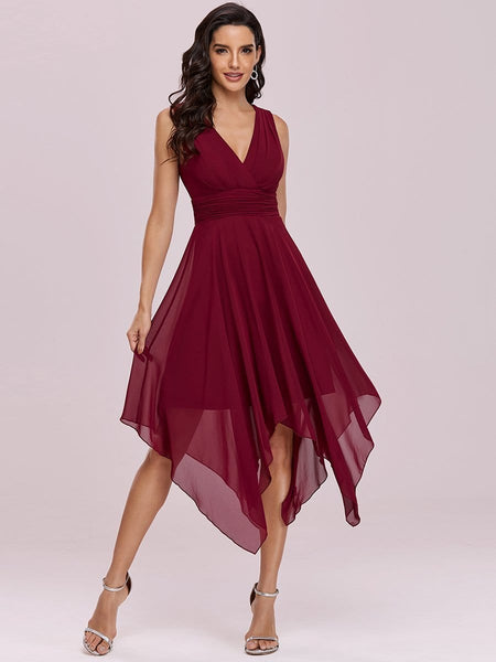 Women's Burgundy Chiffon A-Line Wedding Guest Dress