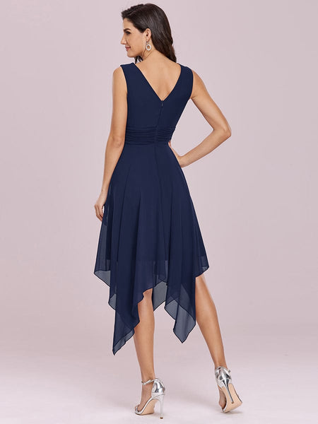 Women's Navy V-Neck Chiffon Midi Dress with Asymmetrical Hem