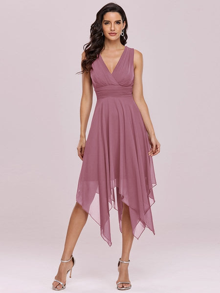 Women's Navy V-Neck Chiffon Midi Dress with Asymmetrical Hem