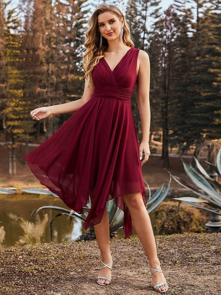 Women's Navy V-Neck Chiffon Midi Dress with Asymmetrical Hem