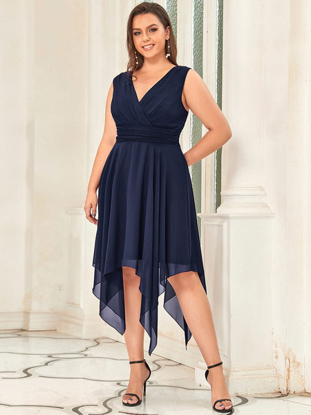 Women's Navy V-Neck Chiffon Midi Dress with Asymmetrical Hem