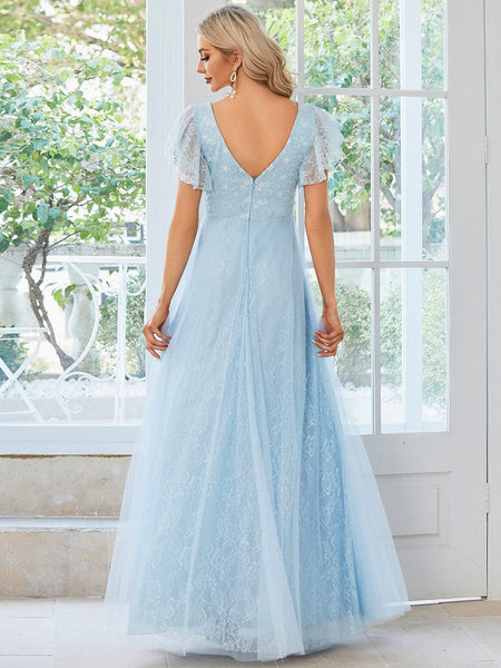 Women's Elegant Lace Evening Dress with Double V Neck and Ruffle Sleeves