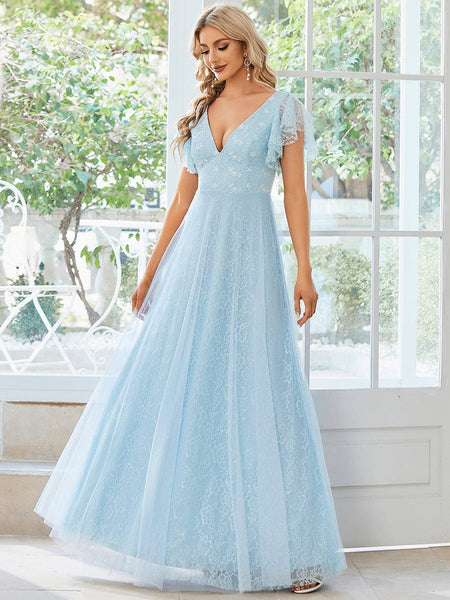 Women's Elegant Lace Evening Dress with Double V Neck and Ruffle Sleeves
