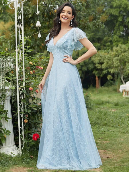 Women's Elegant Lace Evening Dress with Double V Neck and Ruffle Sleeves