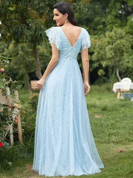Women's Elegant Lace Evening Dress with Double V Neck and Ruffle Sleeves