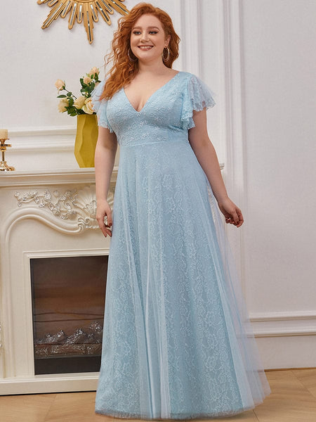 Women's Elegant Lace Evening Dress with Double V Neck and Ruffle Sleeves