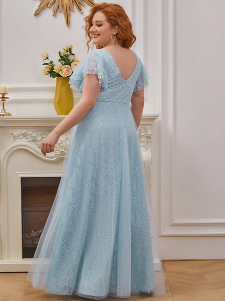 Women's Elegant Lace Evening Dress with Double V Neck and Ruffle Sleeves