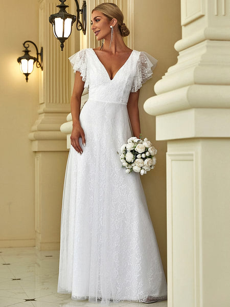 Women's Elegant Lace Evening Dress with Double V Neck and Ruffle Sleeves