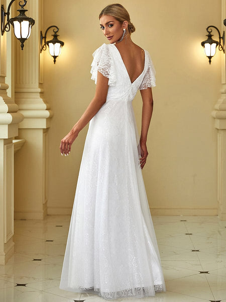 Women's Elegant Lace Evening Dress with Double V Neck and Ruffle Sleeves