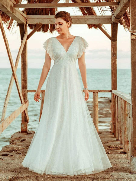 Women's Elegant Lace Evening Dress with Double V Neck and Ruffle Sleeves