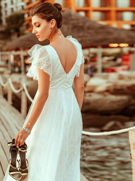 Women's Elegant Lace Evening Dress with Double V Neck and Ruffle Sleeves