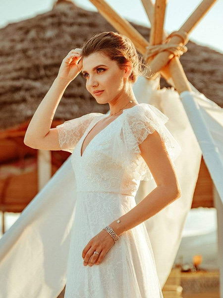 Women's Elegant Lace Evening Dress with Double V Neck and Ruffle Sleeves