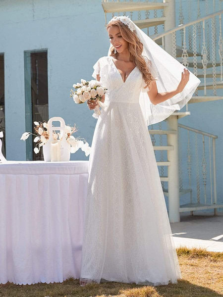 Women's Elegant Lace Evening Dress with Double V Neck and Ruffle Sleeves
