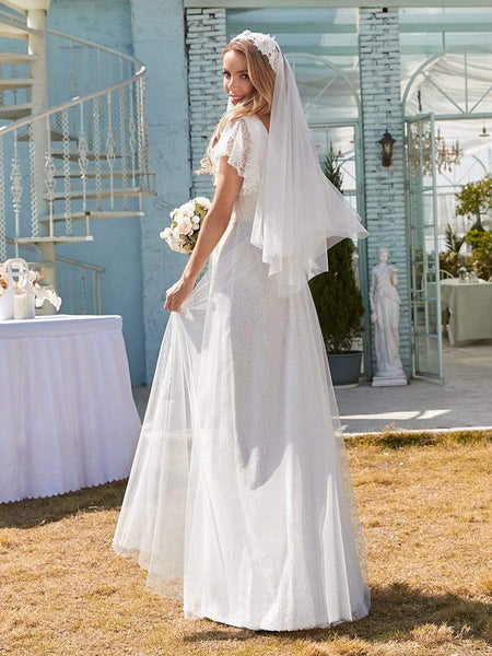 Women's Elegant Lace Evening Dress with Double V Neck and Ruffle Sleeves