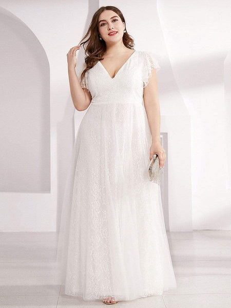 Women's Elegant Lace Evening Dress with Double V Neck and Ruffle Sleeves
