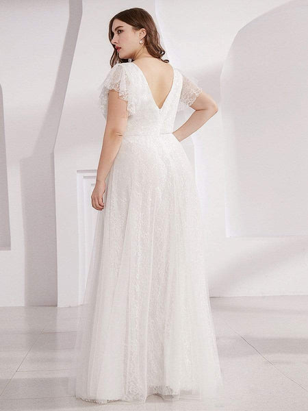Women's Elegant Lace Evening Dress with Double V Neck and Ruffle Sleeves