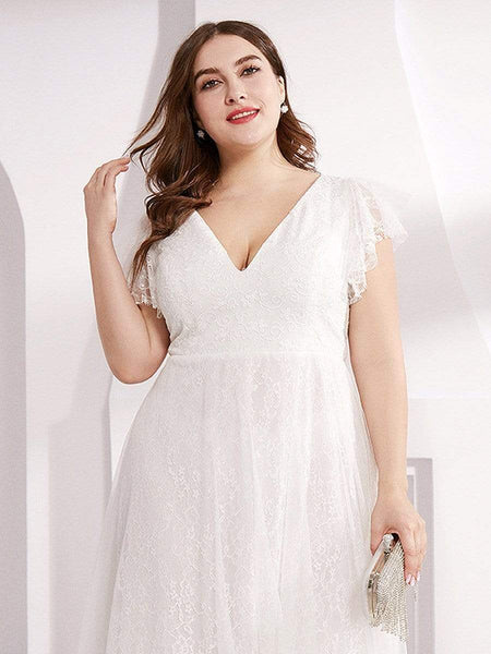 Women's Elegant Lace Evening Dress with Double V Neck and Ruffle Sleeves