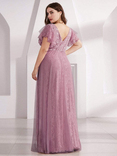 Women's Elegant Lace Evening Dress with Double V Neck and Ruffle Sleeves