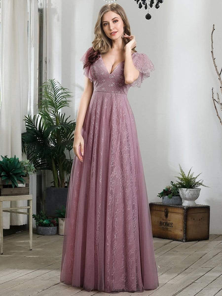 Women's Elegant Lace Evening Dress with Double V Neck and Ruffle Sleeves