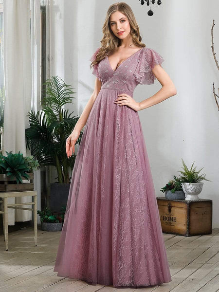 Women's Elegant Lace Evening Dress with Double V Neck and Ruffle Sleeves