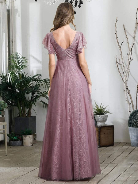Women's Elegant Lace Evening Dress with Double V Neck and Ruffle Sleeves