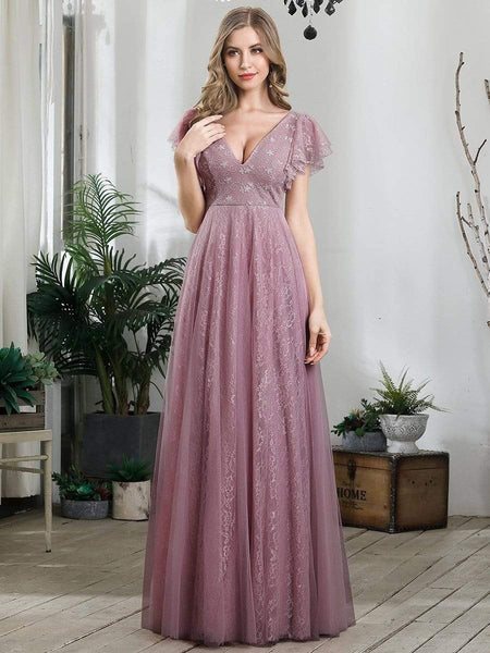 Women's Elegant Lace Evening Dress with Double V Neck and Ruffle Sleeves