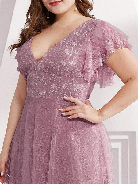 Women's Elegant Lace Evening Dress with Double V Neck and Ruffle Sleeves