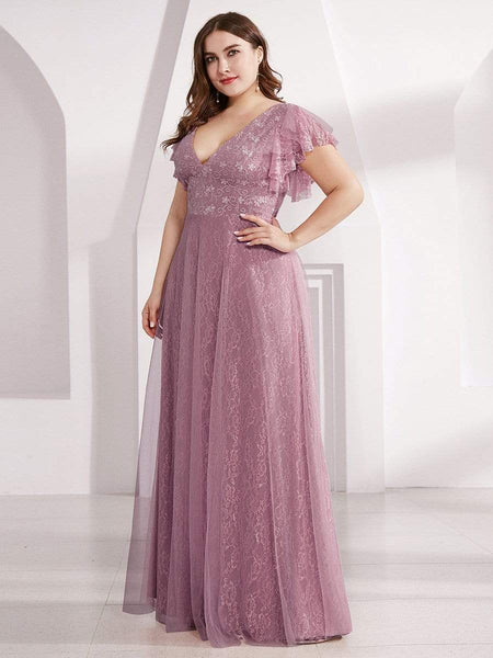 Women's Elegant Lace Evening Dress with Double V Neck and Ruffle Sleeves