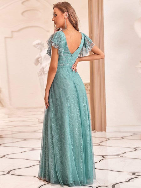 Women's Elegant Lace Evening Dress with Double V Neck and Ruffle Sleeves