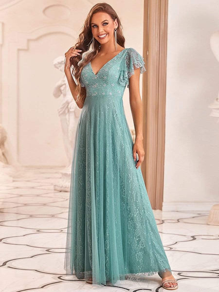Women's Elegant Lace Evening Dress with Double V Neck and Ruffle Sleeves