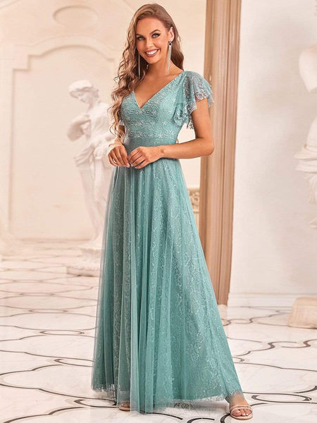Women's Elegant Lace Evening Dress with Double V Neck and Ruffle Sleeves