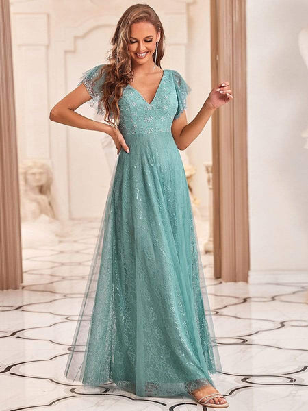 Women's Elegant Lace Evening Dress with Double V Neck and Ruffle Sleeves