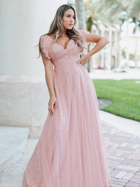 Women's Elegant Lace Evening Dress with Double V Neck and Ruffle Sleeves