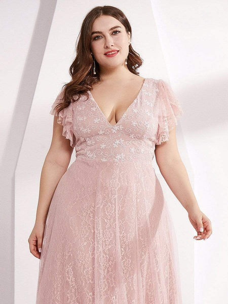 Women's Elegant Lace Evening Dress with Double V Neck and Ruffle Sleeves