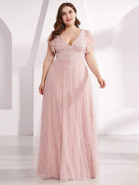 Women's Elegant Lace Evening Dress with Double V Neck and Ruffle Sleeves