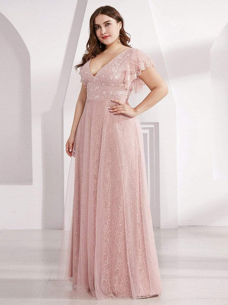 Women's Elegant Lace Evening Dress with Double V Neck and Ruffle Sleeves