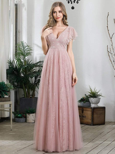 Women's Elegant Lace Evening Dress with Double V Neck and Ruffle Sleeves