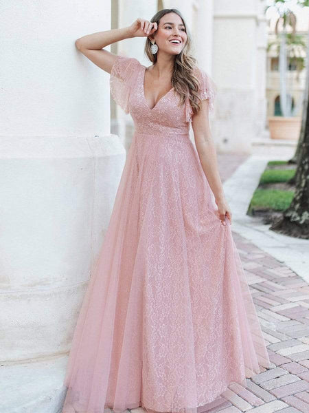 Women's Elegant Lace Evening Dress with Double V Neck and Ruffle Sleeves