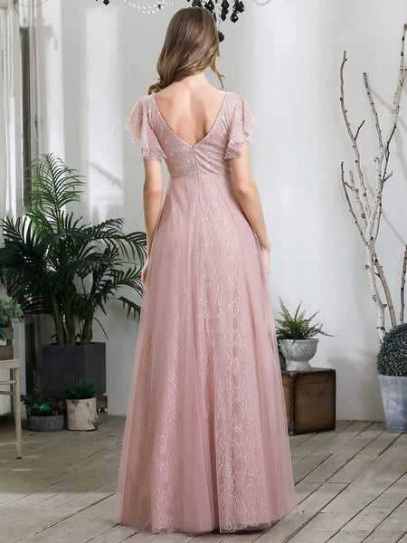 Women's Elegant Lace Evening Dress with Double V Neck and Ruffle Sleeves