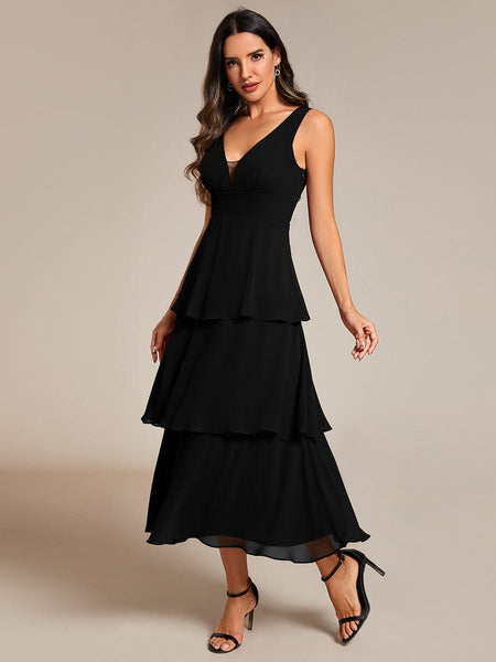 Women's Layered Chiffon V-Neck Wedding Guest Dress
