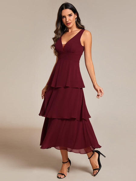 Women's Layered Chiffon V-Neck Wedding Guest Dress