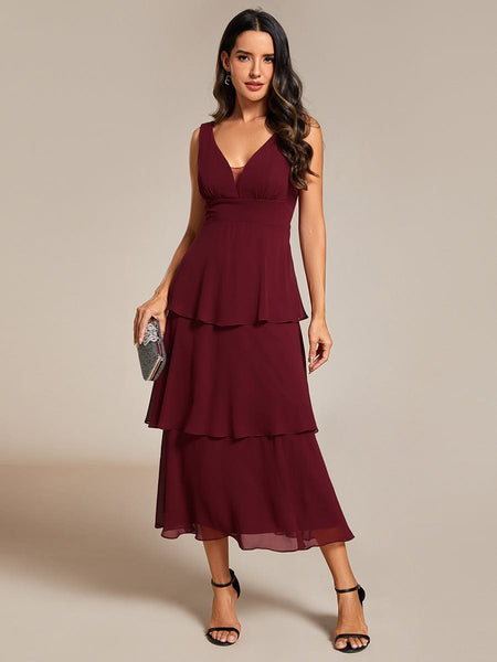 Women's Layered Chiffon V-Neck Wedding Guest Dress