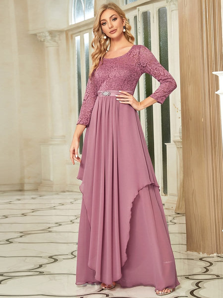 Elegant Long Sleeve Lace Mother Dress with Floral Details