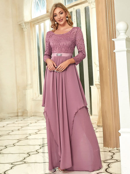 Elegant Long Sleeve Lace Mother Dress with Floral Details