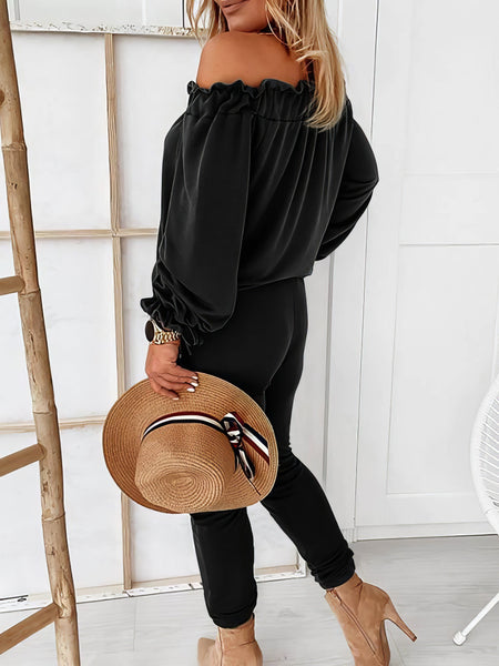 Elegant Off-shoulder Long Sleeve Jumpsuit with Drawstring Frill Hem with practical styling and dependable silhouette control.