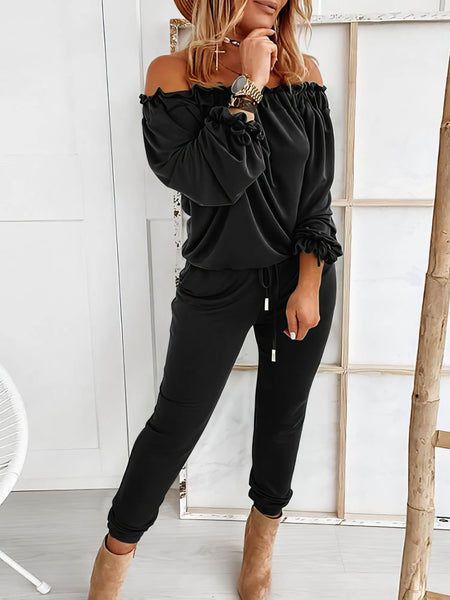 Elegant Off-shoulder Long Sleeve Jumpsuit with Drawstring Frill Hem with practical styling and dependable silhouette control.