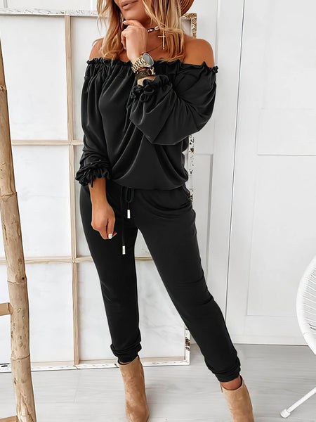 Elegant Off-shoulder Long Sleeve Jumpsuit with Drawstring Frill Hem with practical styling and dependable silhouette control.